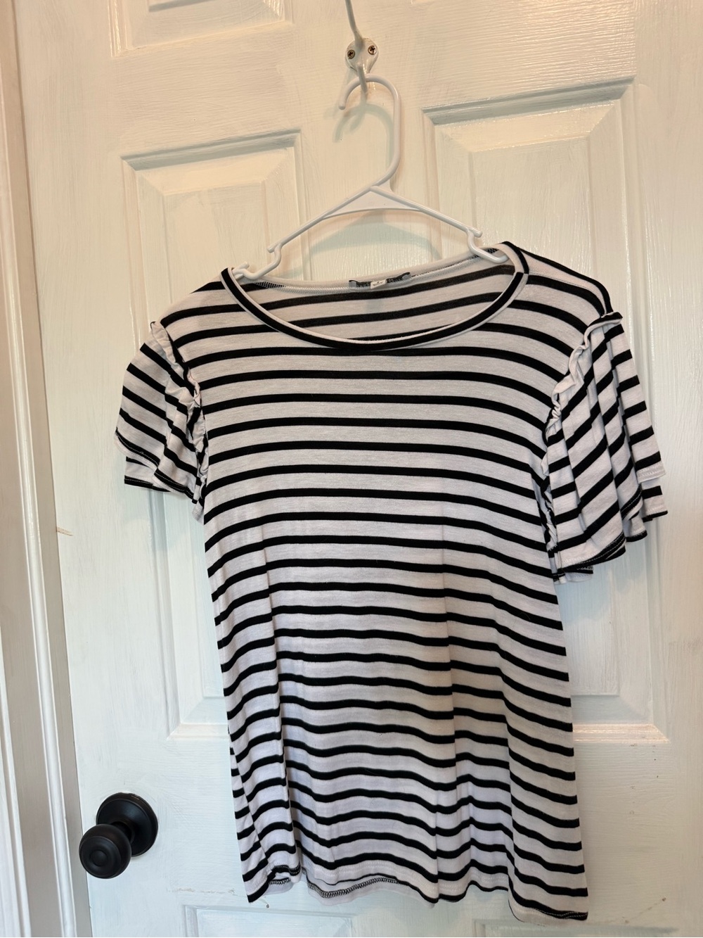 Green Envelope Black & White Striped Ruffle Sleeve Tee